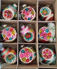 9 Shiny Brite Radko Glass Indent Reflector Ornaments, Original box, christmas or picture