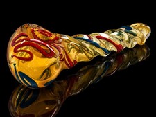 Amber Swirl Glass Tobacco Hand Pipe Red Blue Green Ribbon Twist Art picture