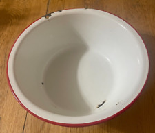 Vintage Large Enamelware Basin Wash Bowl White With Red Rim 8.7
