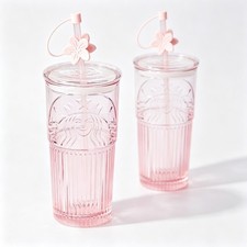 Starbucks19oz Embossed Siren Glass Cup Pink Gradient Vertical Striped With Straw picture
