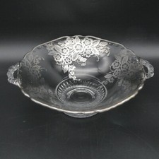 Vintage Floral Silver Overlay Footed Bowl Scalloped Dish Clear Glass Handles 7