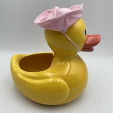 Teleflora Large Yellow Duck Ceramic Planter Vase Just Ducky W Pink Hat VTG Nos picture