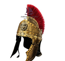 ZAIN Medieval Roman Gladiator Helmet W/Red Crest and Brass Queen Crest Halloween picture