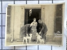Vintage Portrait Woman Two Men Petting Dogs at House Doorway Snapshot Old Photo picture