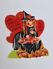 Vintage Valentine Card Die Cut Witch Cauldron Love Potion Unused Halloween Rare picture