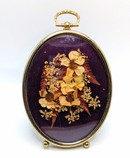 Vintage Pressed Dried Floral Flowers In Convex Bubble Glass Brass Frame Mini picture