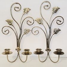Vintage Homco Brass Wall Sconce Pair Double Taper Candle Leaves Scroll Work picture