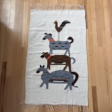 Vintage Hand Woven Mexican Wool Rug Wall Hanging Art Textile Rooster And Animal picture