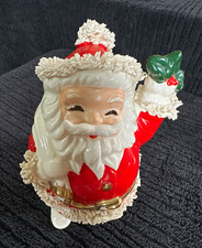 Vintage Ceramic Santa Claus Christmas Coin Bank Spaghetti Trim / Holly Red Green picture