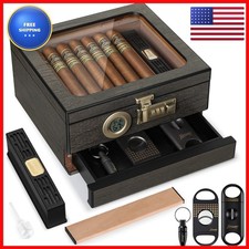 Tesonway Cedar Wood Glass Top Desktop Cigar Humidor with Digital picture