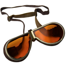 Antique 1920s 1930s Aviator Flying Goggles Amber Lens Leather Steampunk Pilot picture