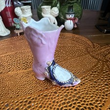 Hand Painted Glazed Ceramic Pink High Heel Shoe Figurine Blue White Gold picture