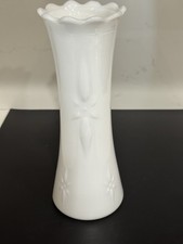 Vintage E.O. Brody Milk Glass Floral Vase 10.5” Scalloped Rim Orange UV Glow MCM picture