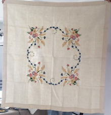 VINTAGE FLORAL HAND EMBROIDERED LINEN TABLECLOTH 47x49 picture