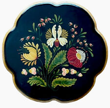 Hand Tole Painted Floral Trivet Scalloped Edge Black Green 9.5