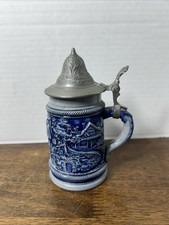 Vintage Blue Gray Stoneware Beer Stein Pewter Lid Relief German Style Mini 5