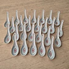 Taiwan Tatung Porcelain 26x Soup Spoons Blue with Pink Rose Floral Print picture