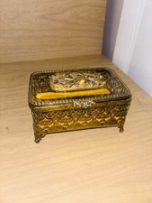 VINTAGE MATSON Ormolu Signed Filigree Floral Bird Glass Vanity Gold Plated Box picture