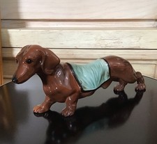 Vintage Ceramic Brown Dachshund Dog Figurine w Green Blanket 9” Long picture