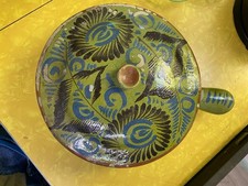 intage Mexican Folk Art Clay Cazuela Lidded Cookware Pan Hand Painted Green 9.5 picture