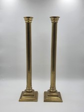 Pair Antique Monumental Brass Fluted Column Candlestick Neoclassical Regency 22” picture