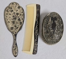 Vintage 3 Pc. Silver Plated Handheld Mirror & Comb With Brush Ornate Flower Old picture