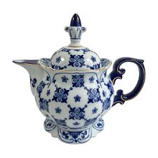1990's Bombay Sommerhill Large Teapot Cobalt Blue & White Quilt Look Porcelain picture