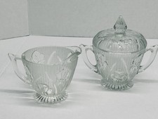 Jeannette Glass Iris & Herringbone Creamer Sugar Bowl w/lid EUC picture