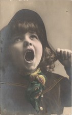 GERMAN GIRL SHOUTS c1910 postcard real photo rppc tinted color studio portrait picture