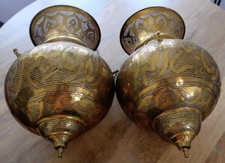 ⁠Vintage Pierced Brass Moroccan Pendant Lights Pair Egyptian Teardrop Lanterns⁠ picture