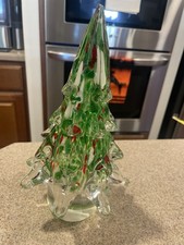 Vintage Murano Style Art Glass Christmas Tree Red Green White Hand Blown 9.5” picture