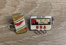 Lot of 2 Vintage Beer Pins: Miller High Life Can & 1988 Seoul Olympics Michelob picture
