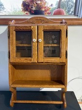 Vtg Kitchen Bathroom Wood Cabinet Glass Doors Shelves Towel Bar Hanging Oak VGC picture