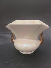 Vintage Iridescent Lustreware Vase with Gold Handles Flared Top Ceramic picture