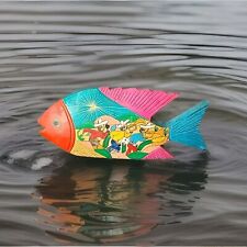 Vintage Mexican Folk Art Hand Painted Carved Painted Wooden Fish 9”X 4”, 2 sided picture