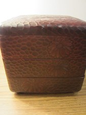 Vintage Japanese Kamakura Bori Carved Lacquer Jubako Tiered Box Chrysanthemum picture