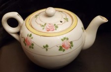 White Porcelain Teapot~Pink Roses~Gold Trim~Made in Japan  picture