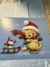 Vtg Unused Christmas Card Kitten Orange Santa Hat Mittens Mouse Sled W/Env picture