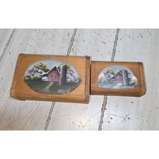 Vtg Handpainted/Made Trinket Storage Boxes Farm Barn Scene Stackable Signed picture