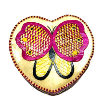 Heart Shape Butterfly Straw Wood Trinket Box  Lid Green Satin Lined Padded picture