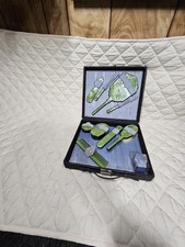 Vintage 1920 s Art Deco Green Marbled Celluloid Travel Vanity set in box. picture