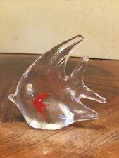 CLEAR GLASS FISH SHAPED FIGURINE PAPERWEIGHT RED FISH INSIDE 4” x 4”  picture