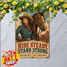 Western Cowgirl Riding Horse Country Decor Sign Metal Tin Sign 8x12 picture