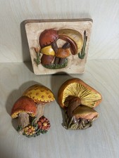 Lot of 3 Vintage Ceramic Mushroom Wall Hanging Plaques mcm hand painted picture