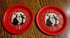 Vintage Courting Couple Tin Coasters Red with Black Silhouette Litho ~ Set of 2 picture