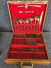 Vintage Thai Bronze Flatware Set 144 Pc Service for 12 King Design Teak Chest VU picture