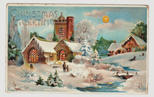 Vintage postcard, Hold To Light HTL, Christmas Greetings, Church scene, 1909 UK picture