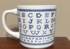 Vintage Alphabet Sampler Mug USA Needlepoint Cross Stitch Coffee Tea Mug picture