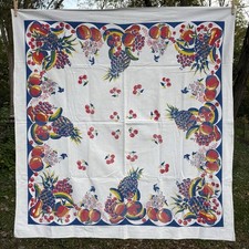 Vintage MCM Square TABLECLOTH 50” x 47” Pineapples Bananas Cherries Kitsch picture
