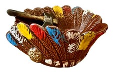 NATIVE AMERICAN INDIAN FULL HEADRESS CERAMIC ASHTRAY PIPE TRAY TRINKET DISH RARE picture